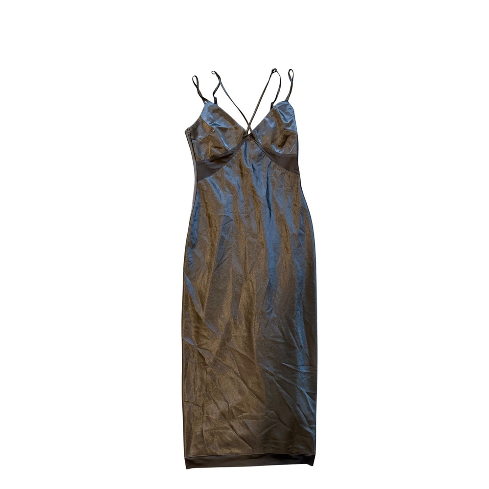 Black Satin Mesh Panel Midi Slip Dress Cross Back V-Neck Glam 90s Inspo Bodycon